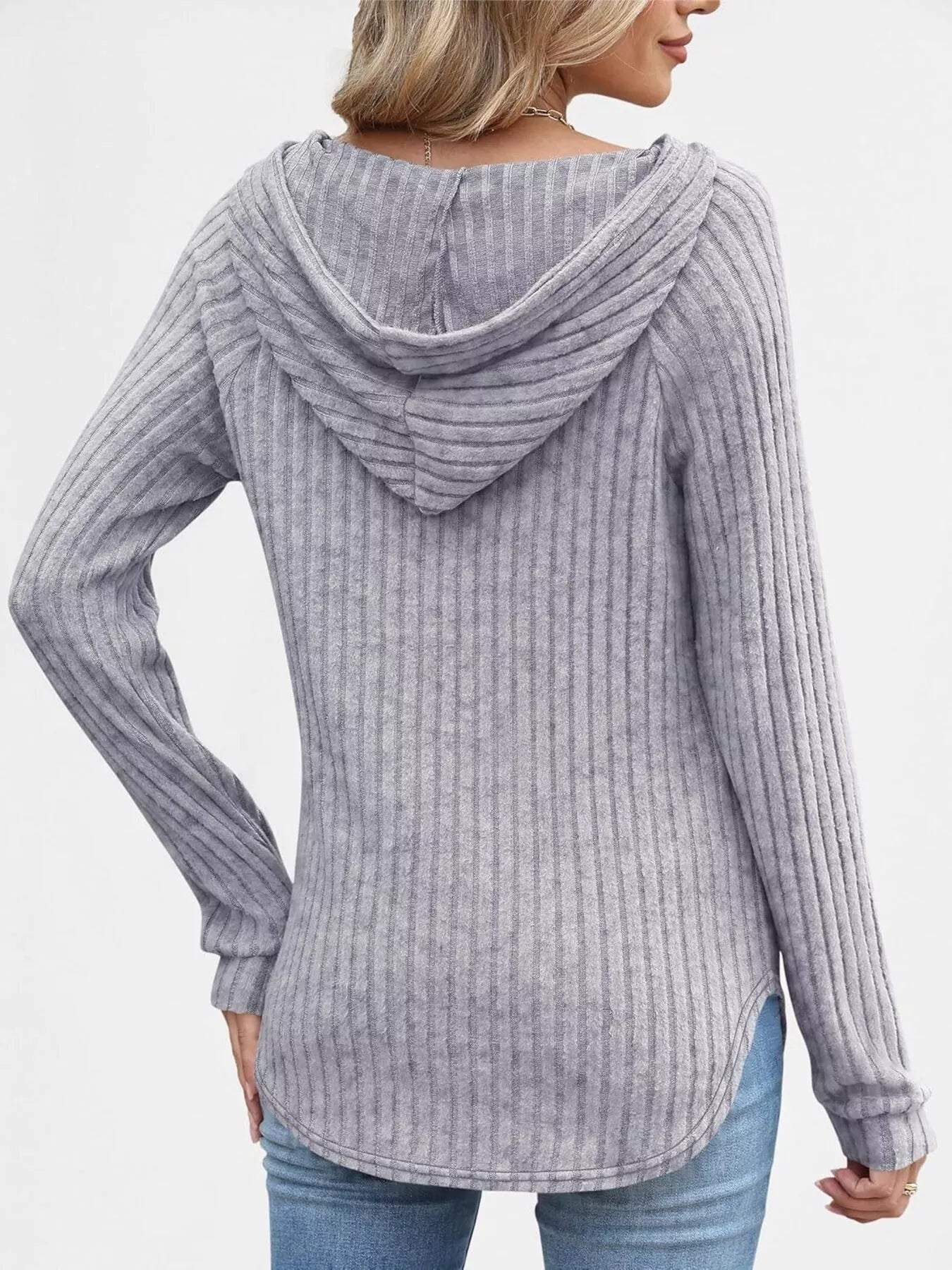 Full Size Ribbed Knit Button Detail Hooded Top Plus Size