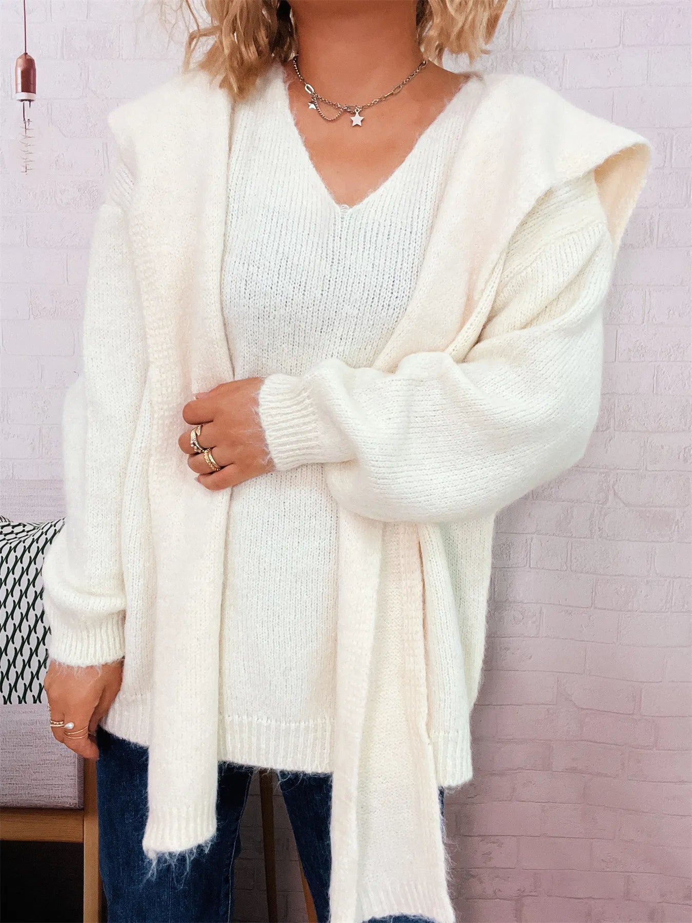 Ribbed Hem V-Neck Sweater with Shawl
