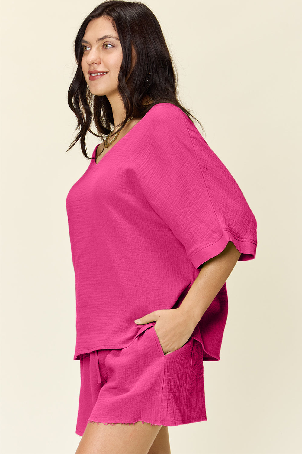 Textured Cotton T-Shirt and Drawstring Shorts Set