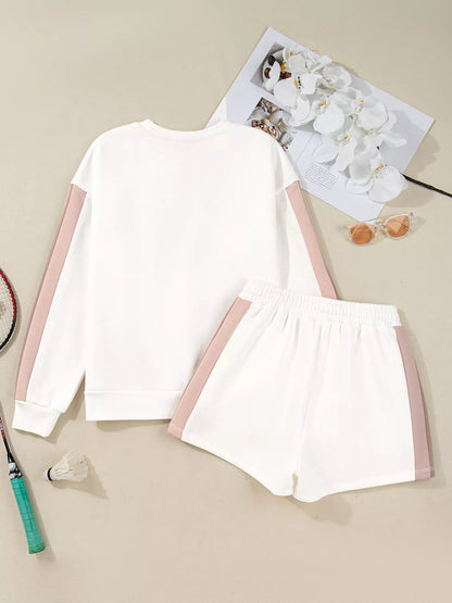 Color Block Patchwork Drop Shoulder Pullover and Shorts Set