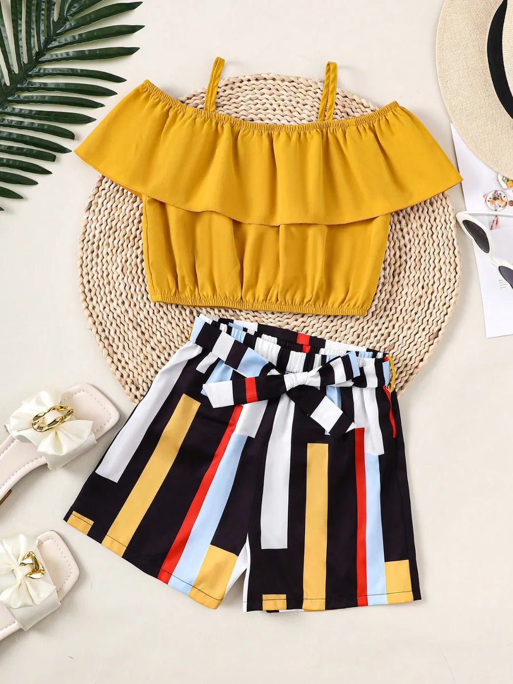 Children's Ruffled Spaghetti Strap Top and Pants Set Gold