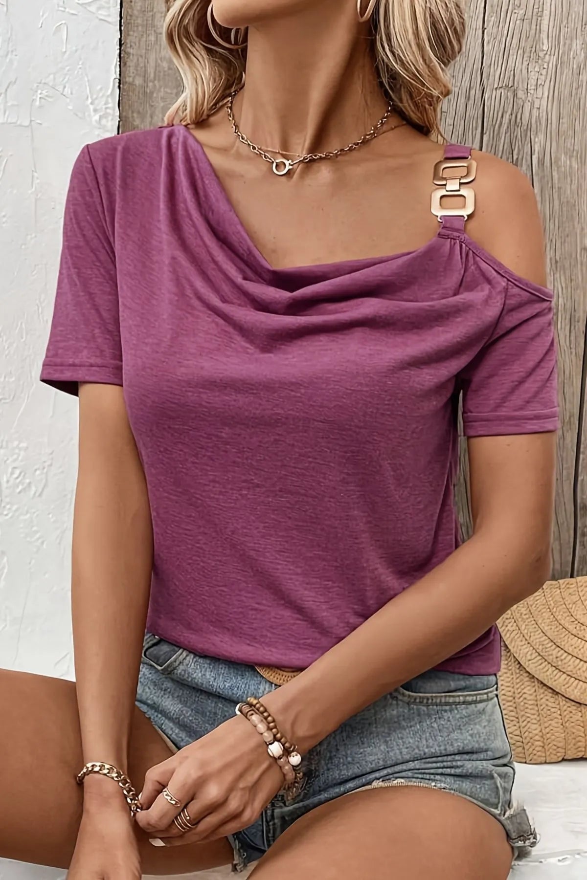 Asymmetric Shoulder T-Shirt with Metal Buckle Detail