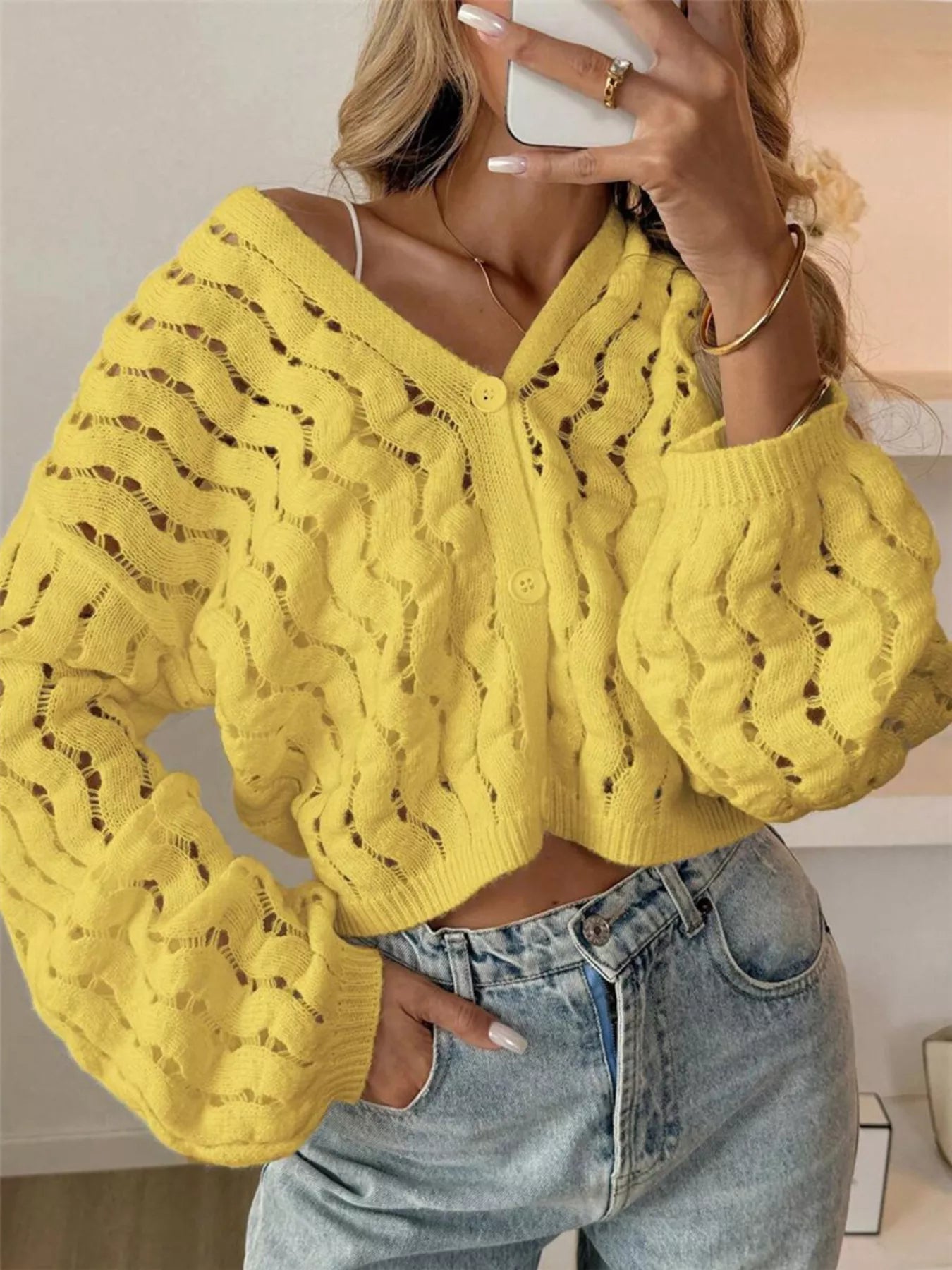 Openwork Button Up V-Neck Cardigan Yellow