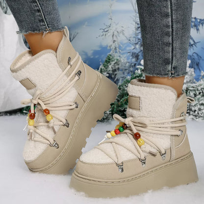 Lace-Up Platform Winter Boots Beige