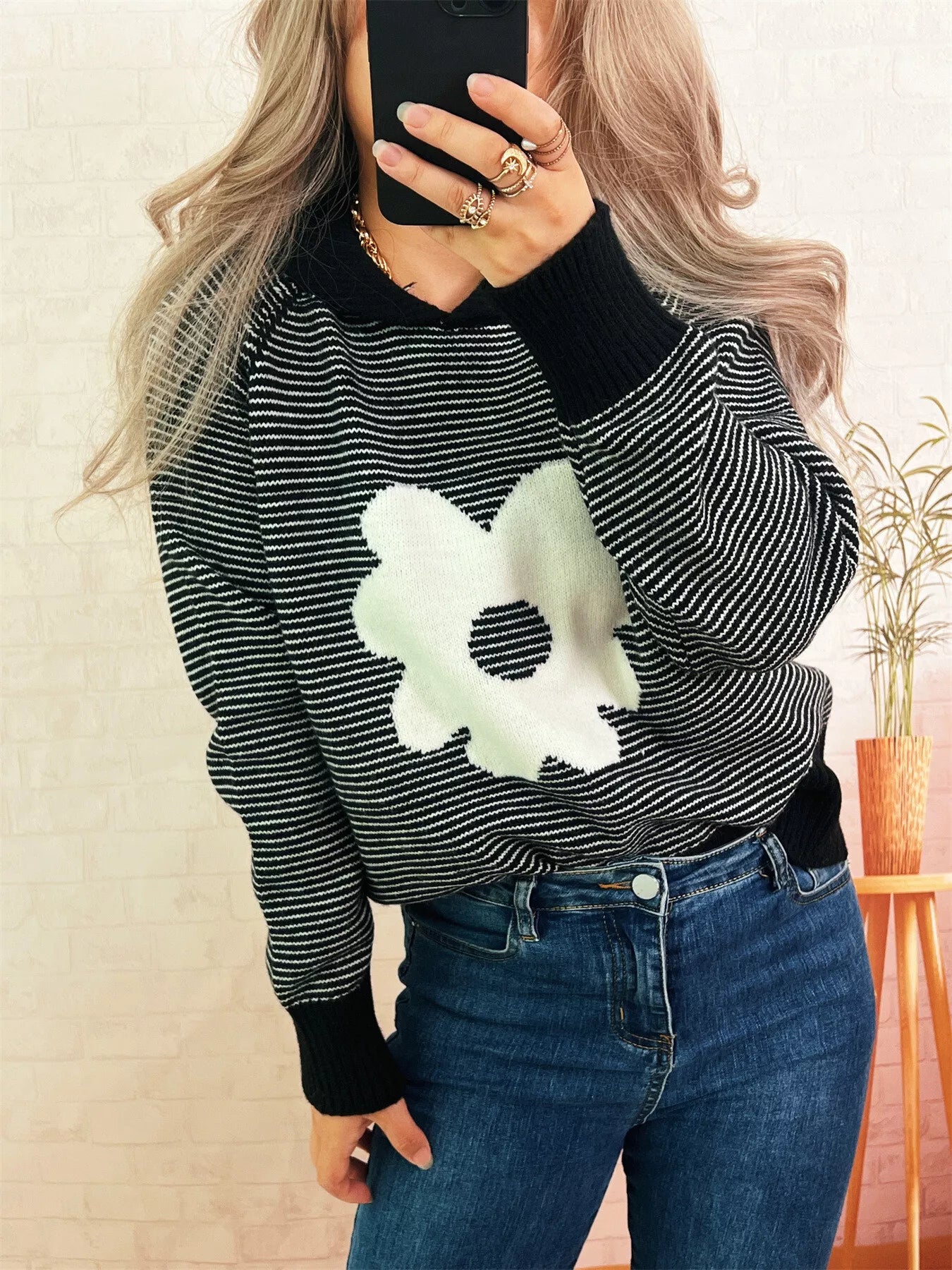 Striped Flower Raglan Sleeve Sweater