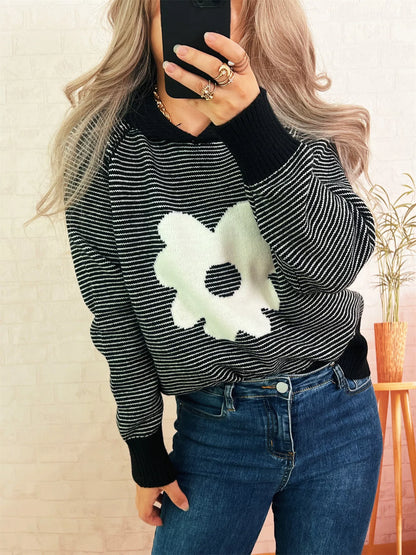 Striped Flower Raglan Sleeve Sweater
