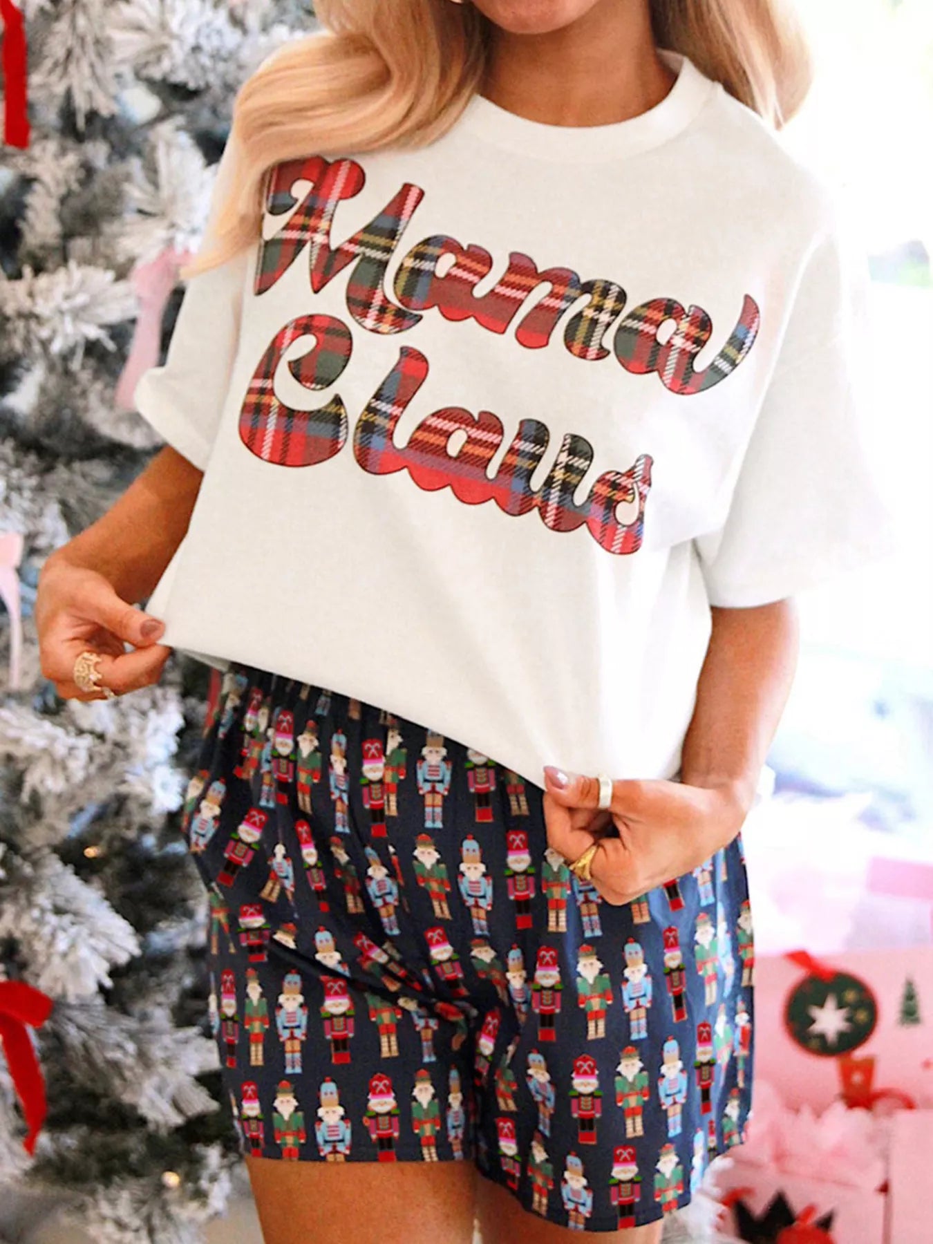 Mama Claus Plaid Letter Tee and Nutcracker Shorts 2pcs Lounge Set White