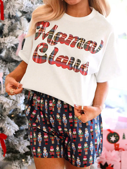 Mama Claus Plaid Letter Tee and Nutcracker Shorts 2pcs Lounge Set White