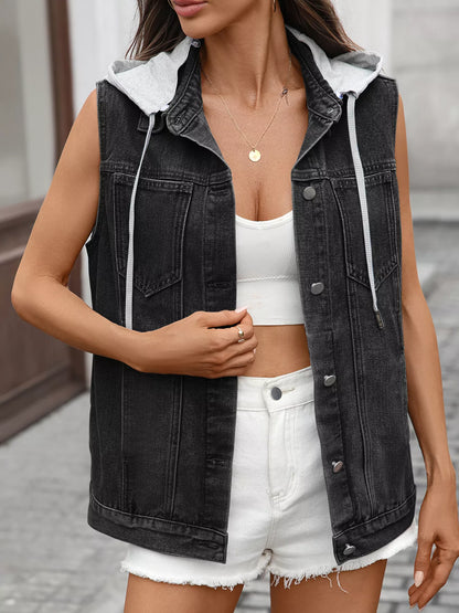 Button Up Removable Hooded Sleeveless Denim Jacket Black