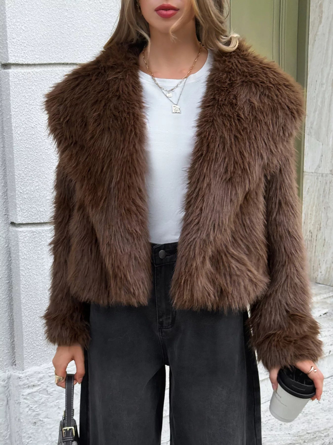 Open Front Faux Fur Cropped Jacket Brown