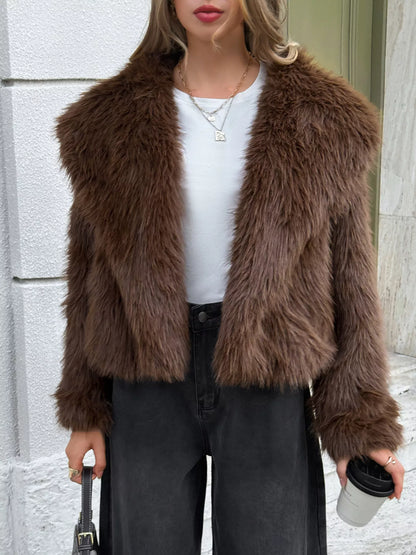 Open Front Faux Fur Cropped Jacket Brown