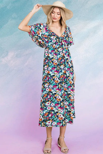 Lime 'N' Chili Floral Print Sweetheart Neck Tie Front Midi Dress