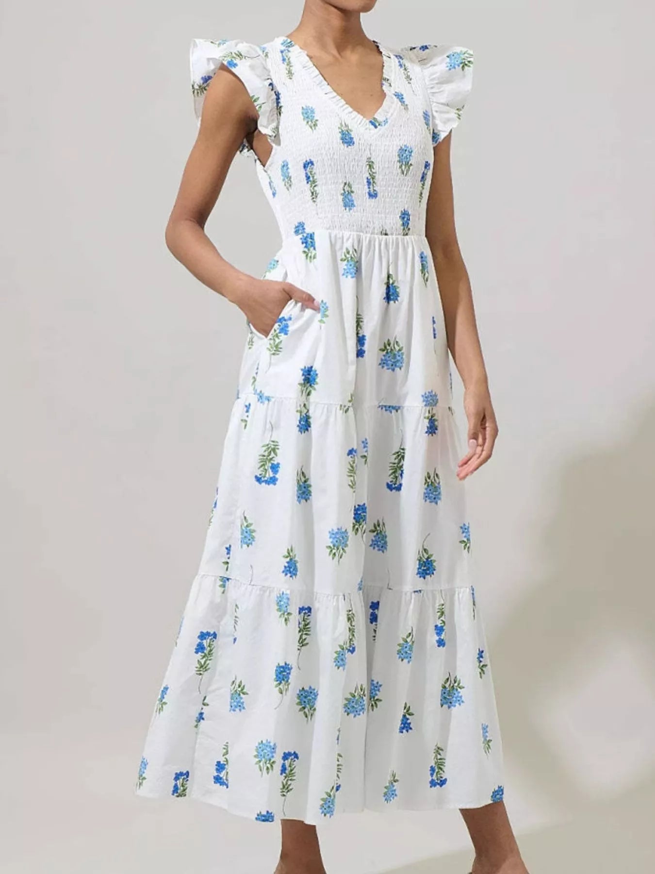 Ruffled V-Neck Tiered Midi Dress