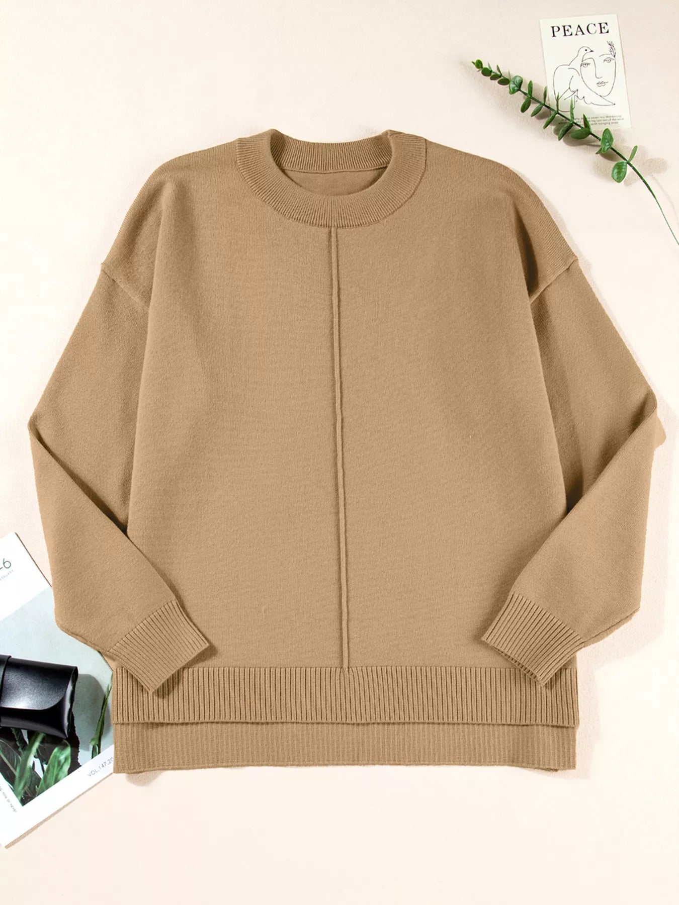 Center Seam Drop Shoulder Pullover Solid Sweater