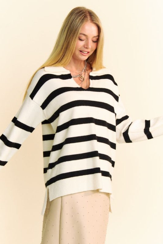 Back To School Sweater - Davi & Dani High-Low Side Slit Striped Johnny Collar Sweater