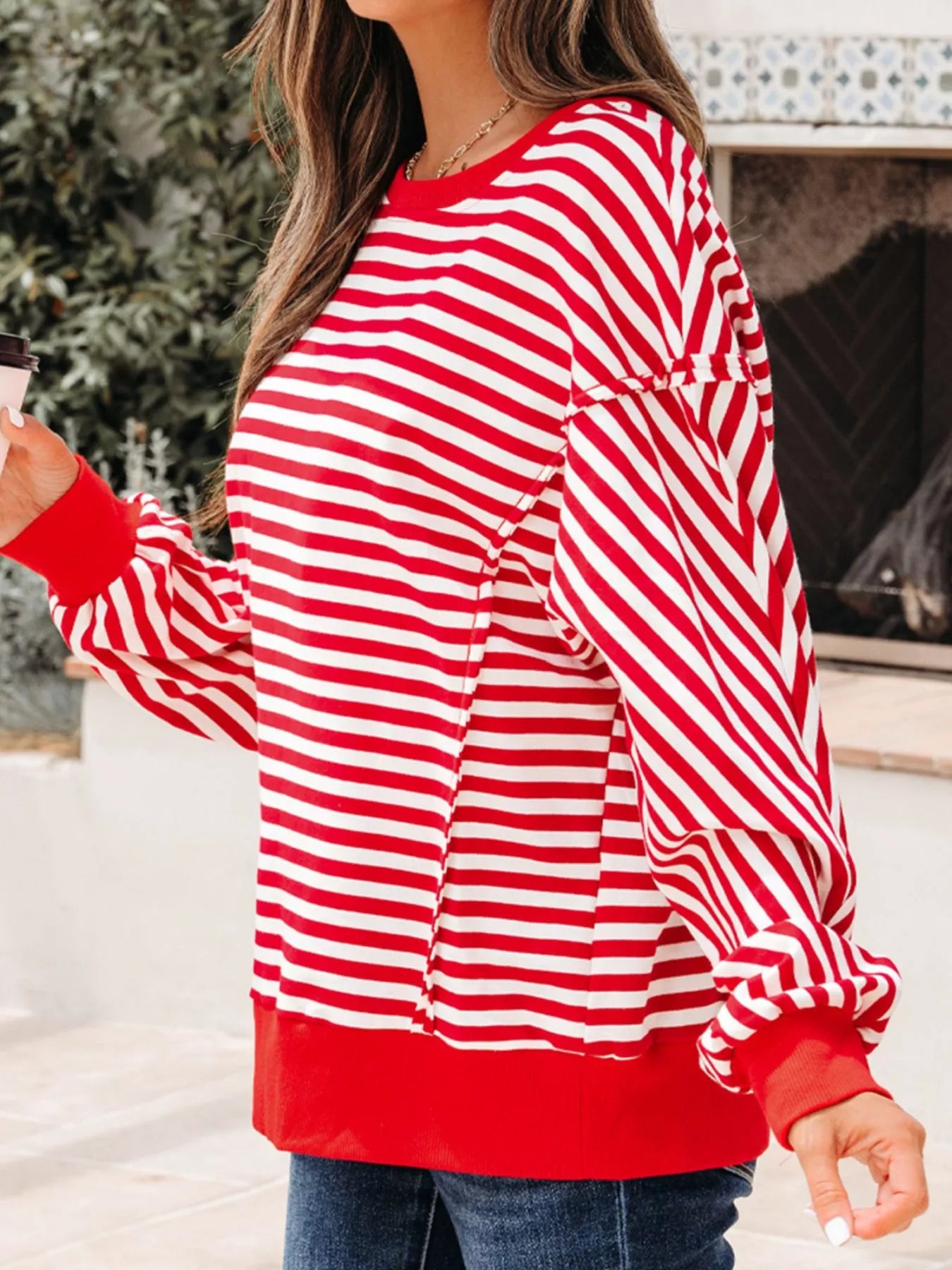 Stripe Exposed Seam Drop Shoulder Casual Top