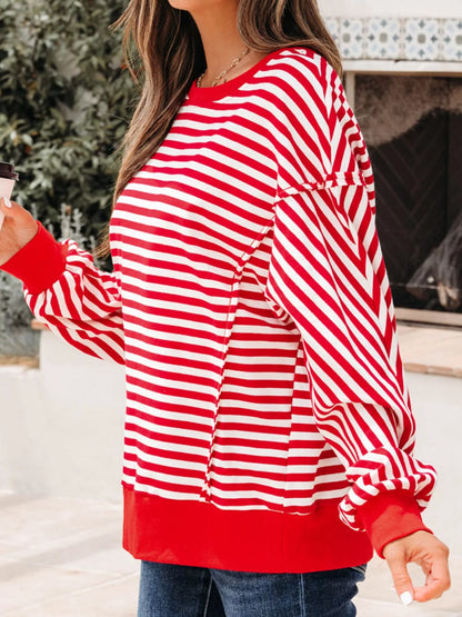 Stripe Exposed Seam Drop Shoulder Casual Top