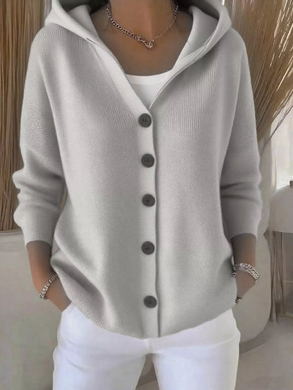 Full Size Hooded Button-Front Soft Knit Cardigan Plus Size Gray