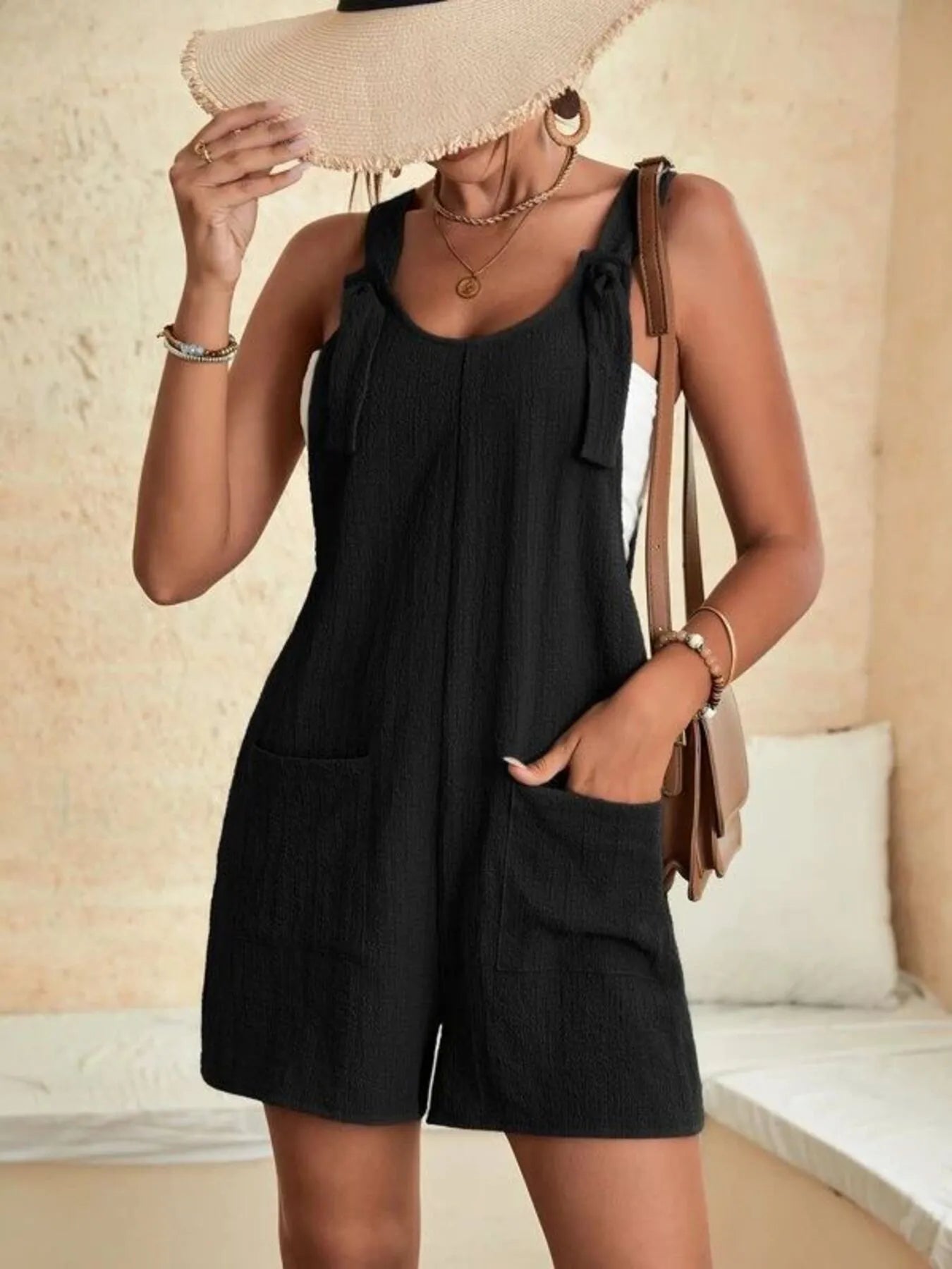 Full Size Knot Strap Romper with Pockets Plus Size