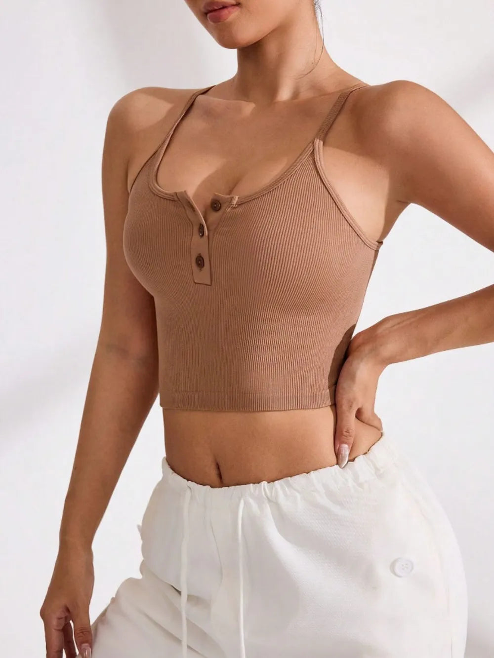 Ribbed Half Button Cropped Active Cami