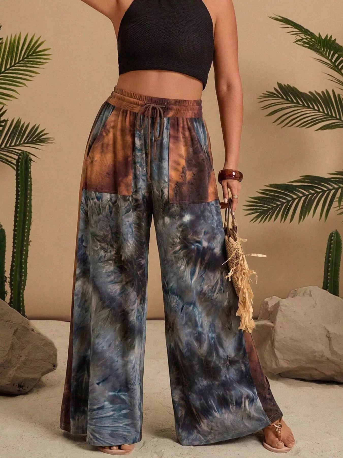 Full Size Tie-Dye Wide Leg Casual Pants Plus Size Multicolor