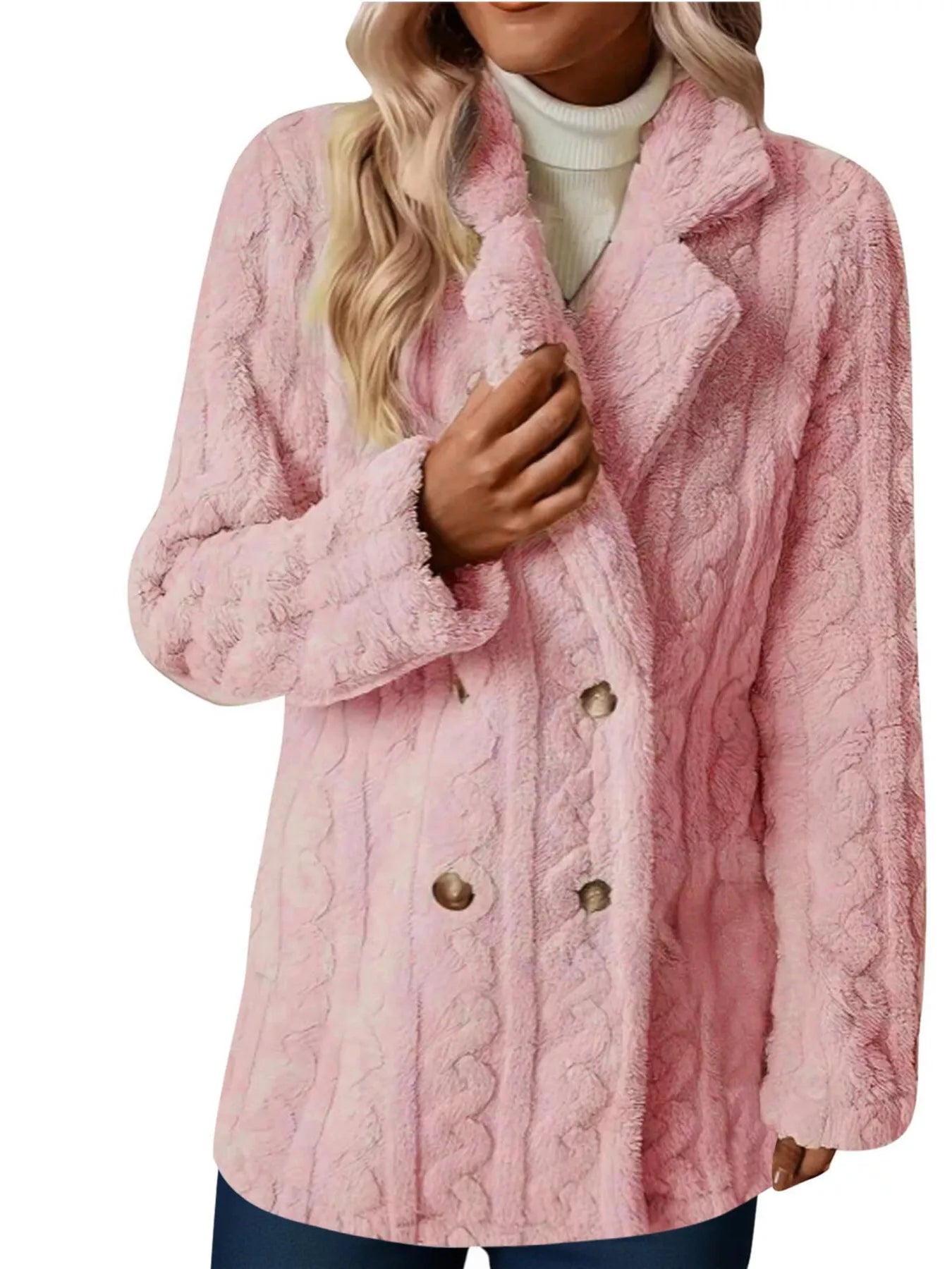 Double-Breasted Fleece Longline Coat Pink