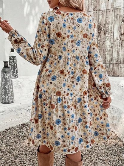 Floral Print Long Sleeve Tiered Dress