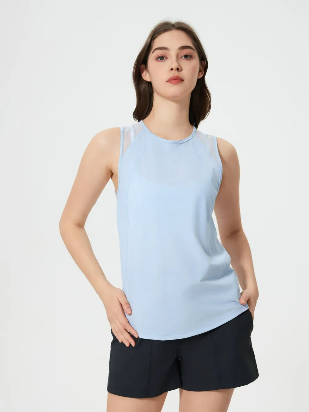 Millennia Cutout Back Round Neck Active Tank Baby Blue