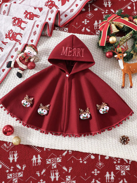 Children's Reindeer Embroidered Christmas Cape Outerwear Burgundy