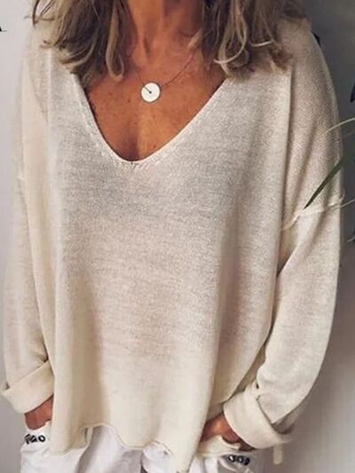 Full Size V-Neck Drop Shoulder Long Sleeve T-Shirt Plus Size Tan