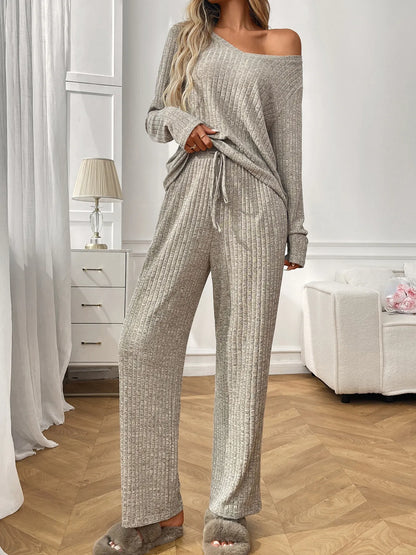 Ribbed Long Sleeve Top and Pants Lounge Set Khaki Color
