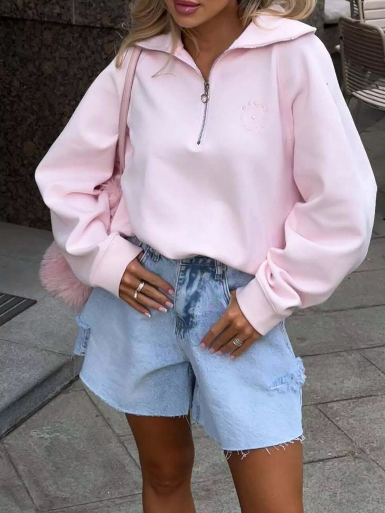 Half Zip Long Sleeve Sweatshirt Blush Pink