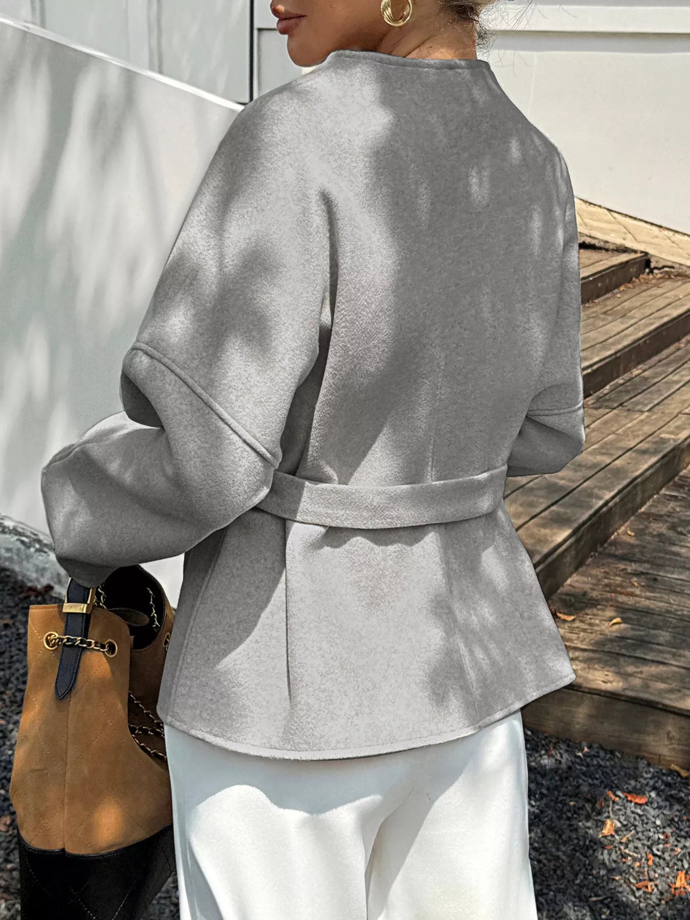 Surplice Dropped Shoulder Tie Belt Outerwear