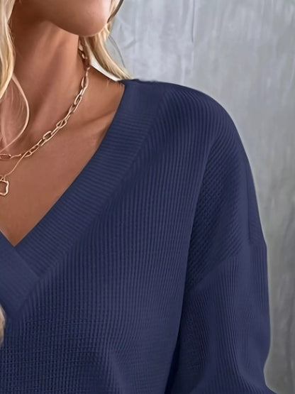 Plus Size V-Neck Long Sleeve Waffle Knit T-Shirt