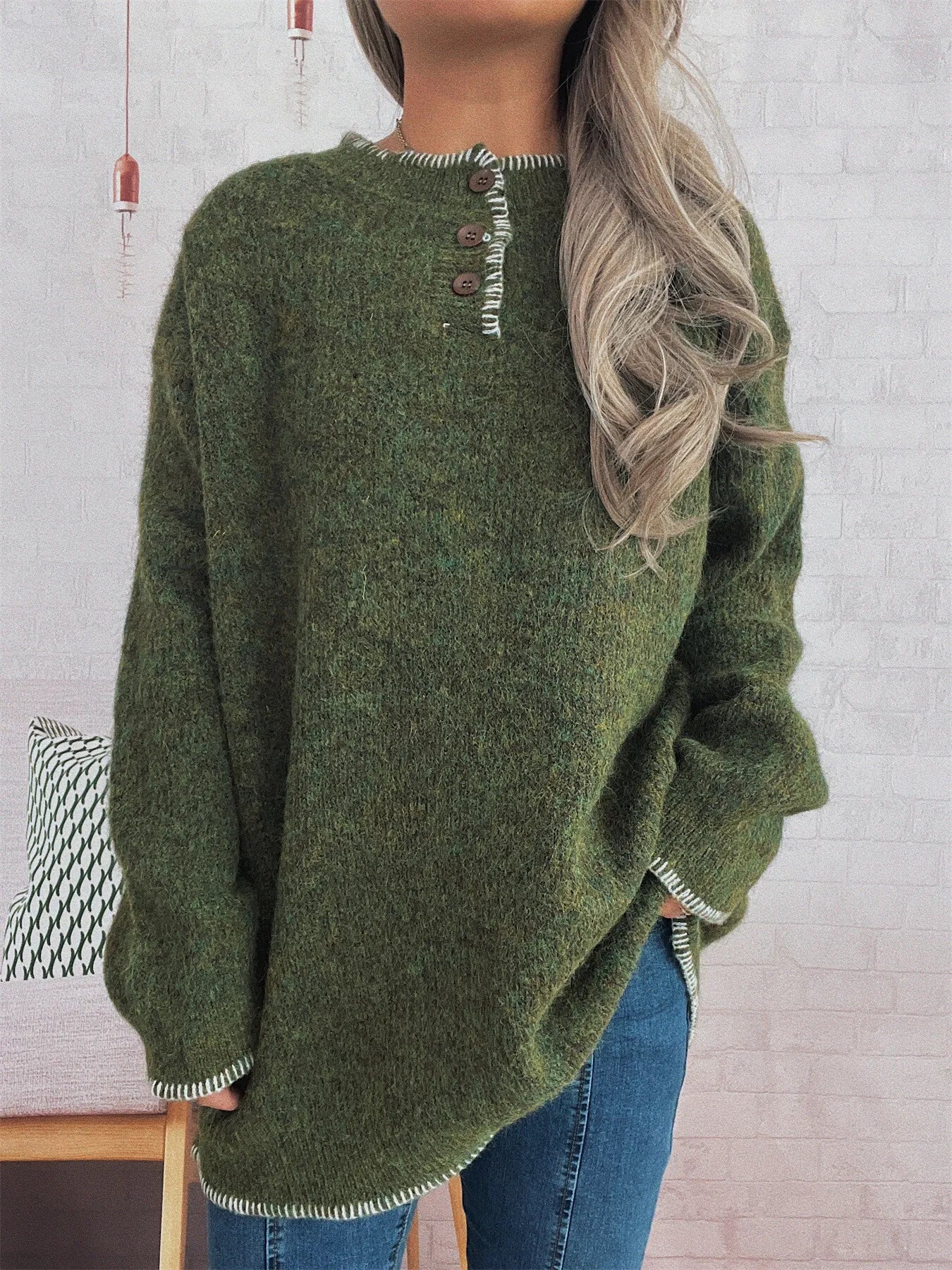 Ribbed Button Detail Long Sleeve Sweater Green One Size