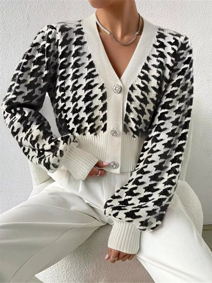 Houndstooth V-Neck Button Up Cardigan