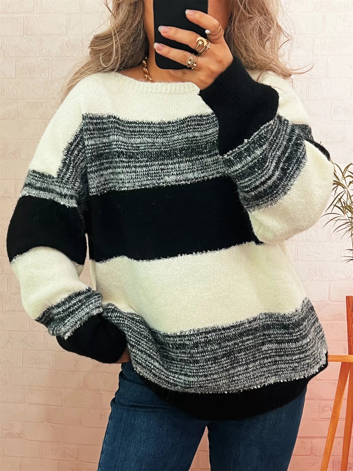 Color Block Dropped Shoulder Sweater Black One Size
