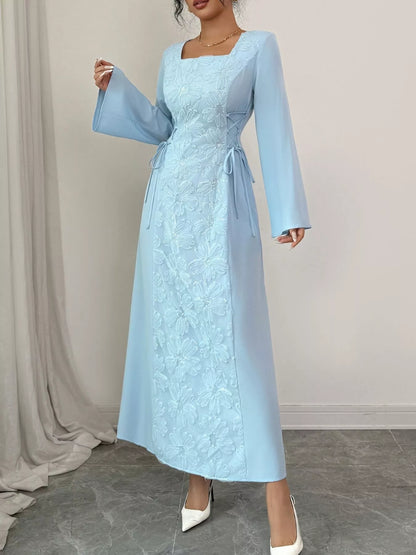 Lace Up Square Neck Long Sleeve Maxi Dress