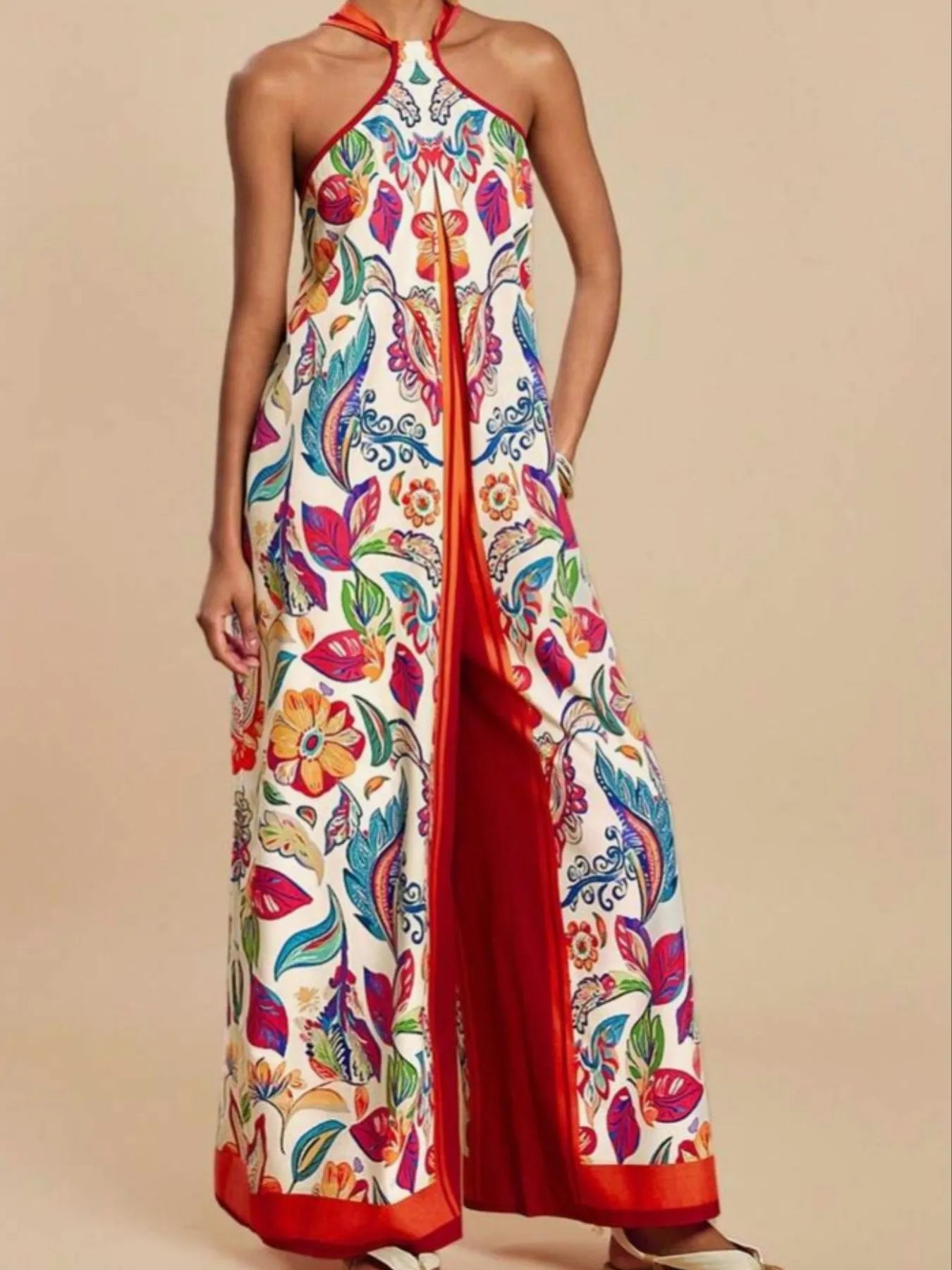 Printed Halter Wide-Leg Jumpsuit Red