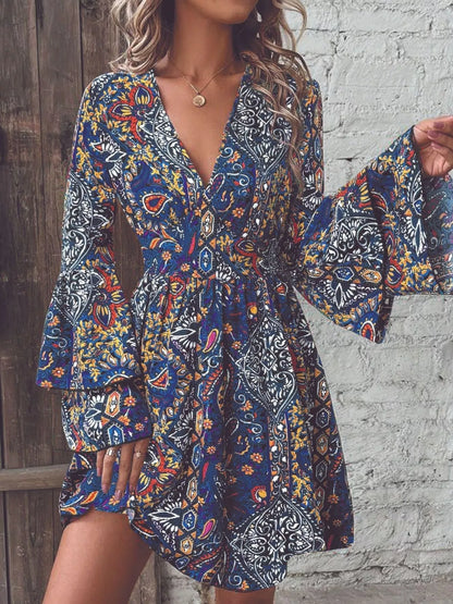 Paisley Print V-Neck Flounce Sleeve Dress Blue