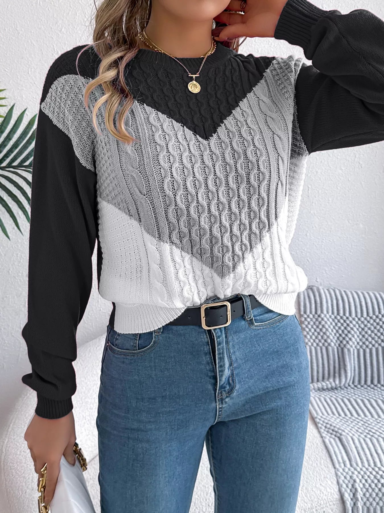 Color Block Cable Knit Sweater