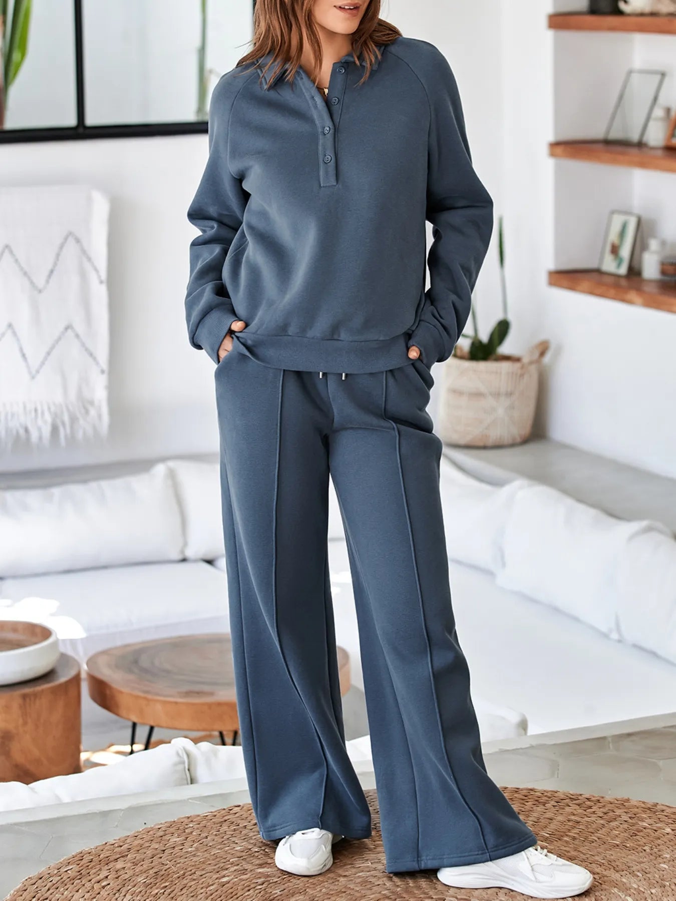 Collared Sweatshirt and High Waist Pants Active Set