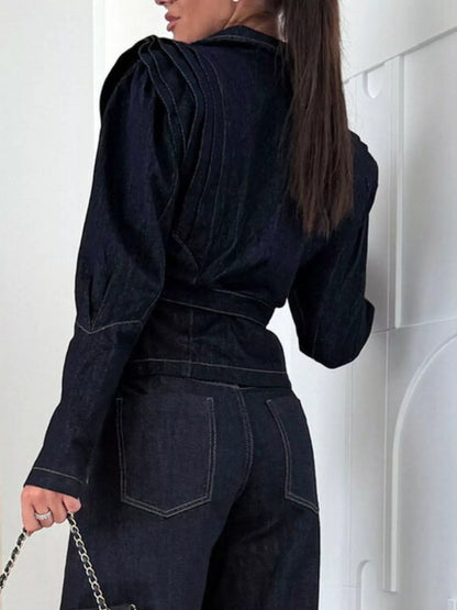 One Button Cropped Denim Jacket with Belted