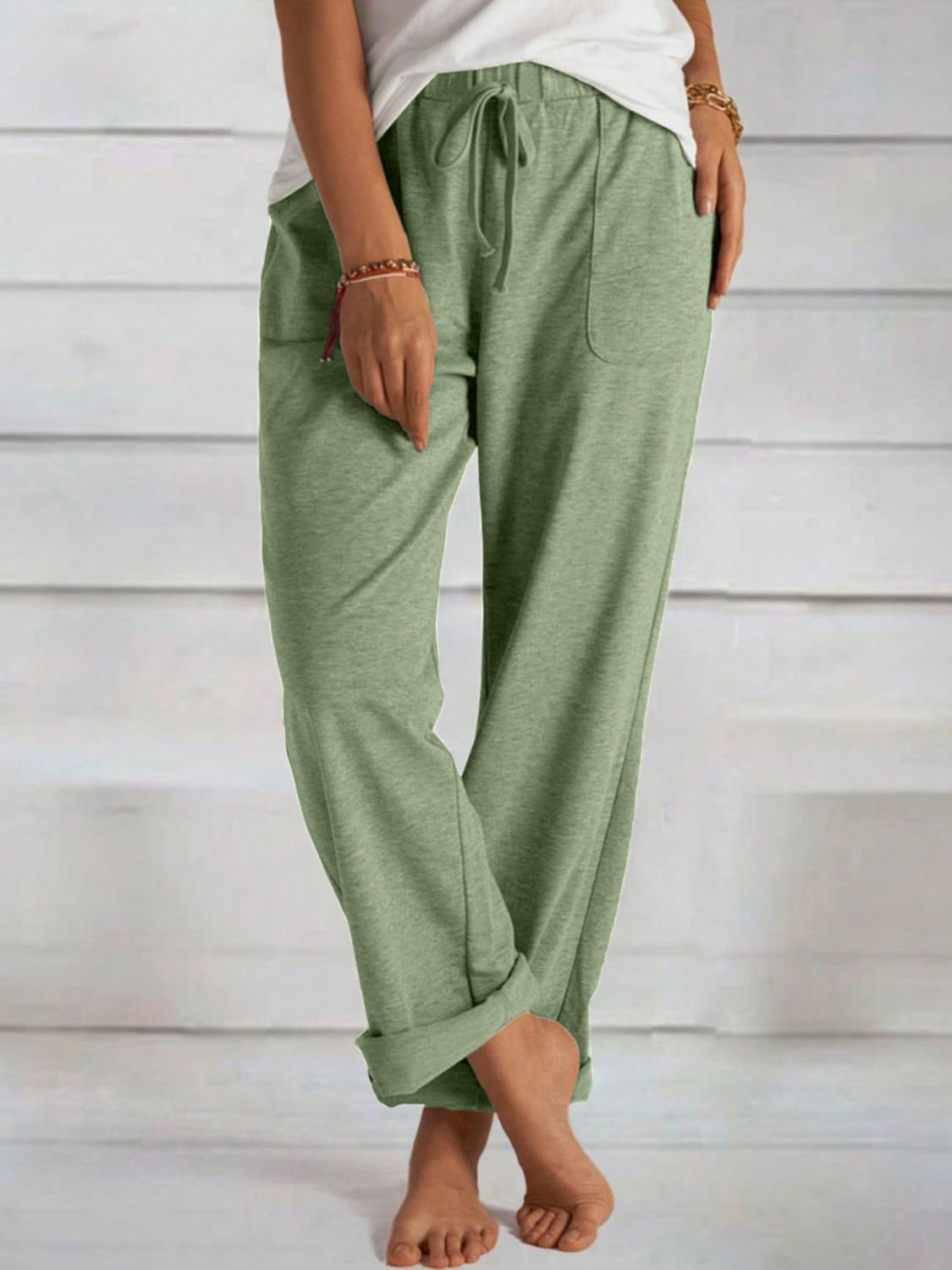 Tied Wide Leg Pants with Pockets Matcha Green
