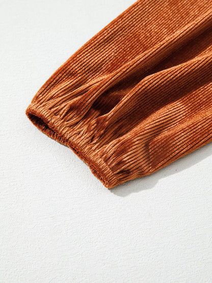 Velvet Ribbed Texture Square Neck Slim Puff Sleeve Top