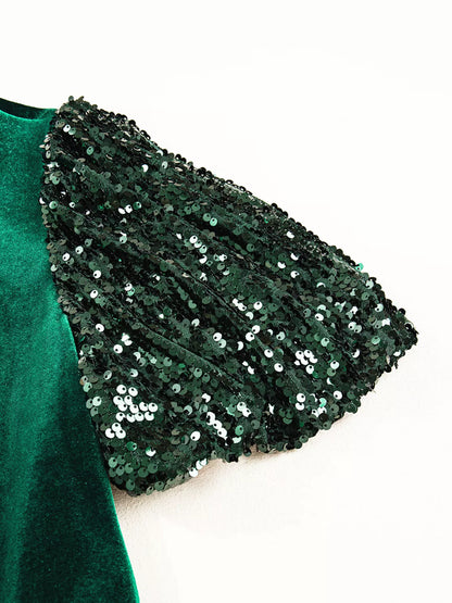 Sequin Puff Sleeve High Waist Tiered Velvet Mini Dress