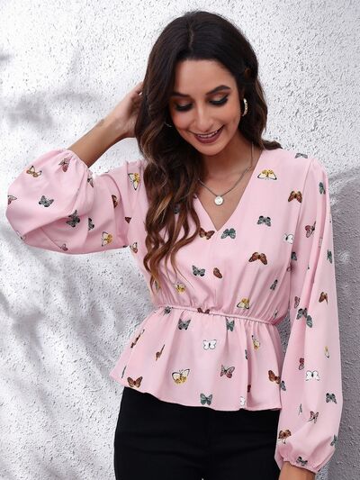Printed V-Neck Long Sleeve Blouse Dusty Pink