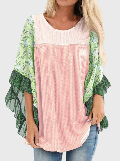 Full Size Printed Round Neck Three-Quarter Sleeve Blouse Blush Pink