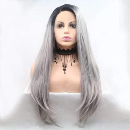 24" Long Straight Lace Front Wig Black Grey One Size