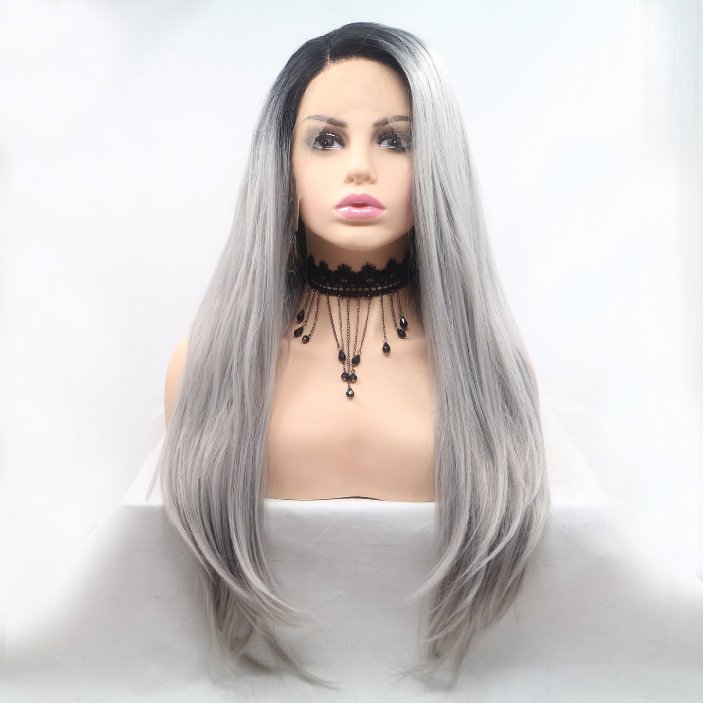 24" Long Straight Lace Front Wig Black Grey One Size